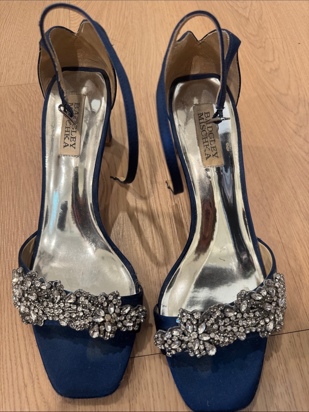 Badgley Mischka Navy Crystal-Embellished Slingback Heels